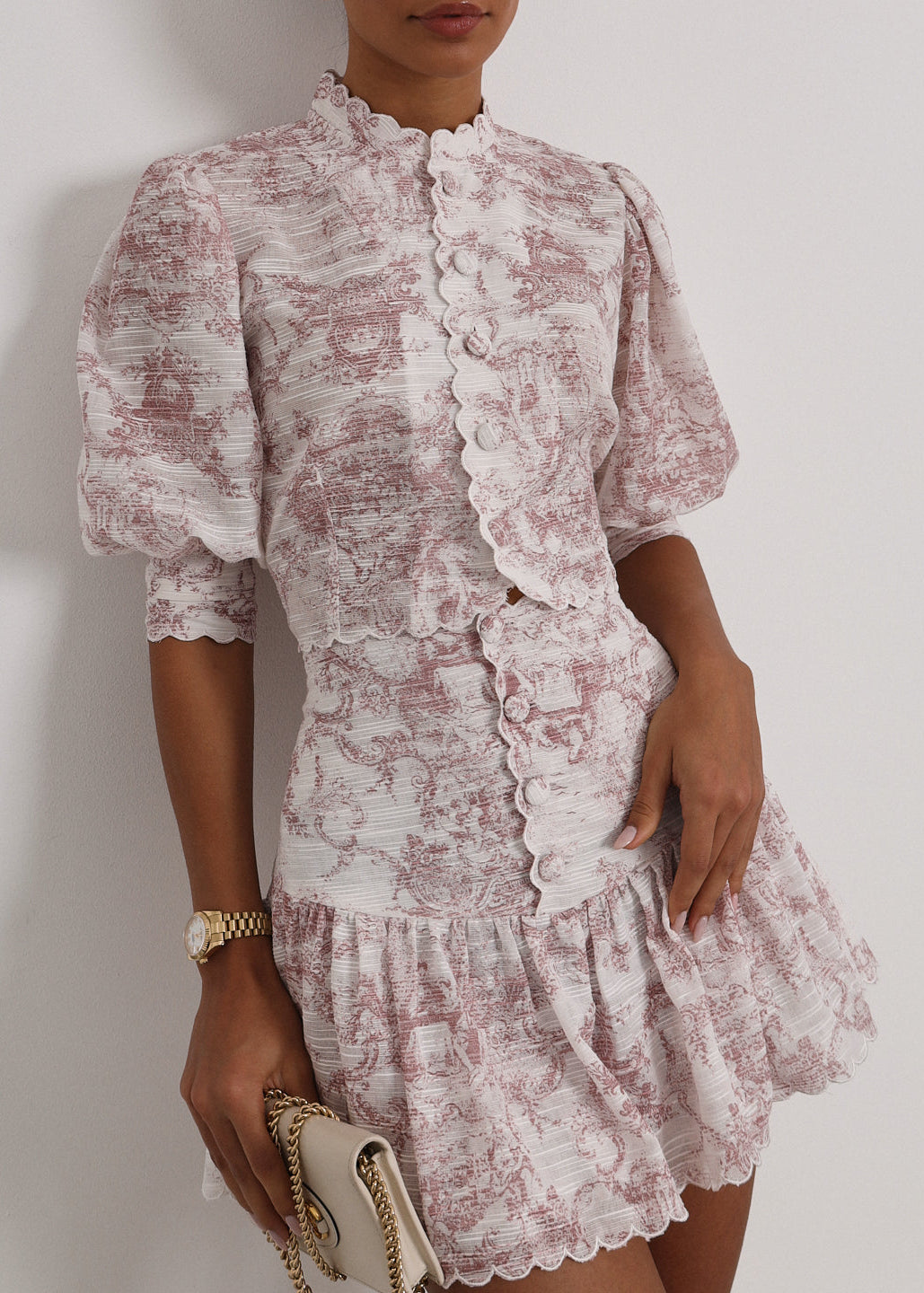 Blusa Verona estampada con ribete festoneado | Blanco y rosa