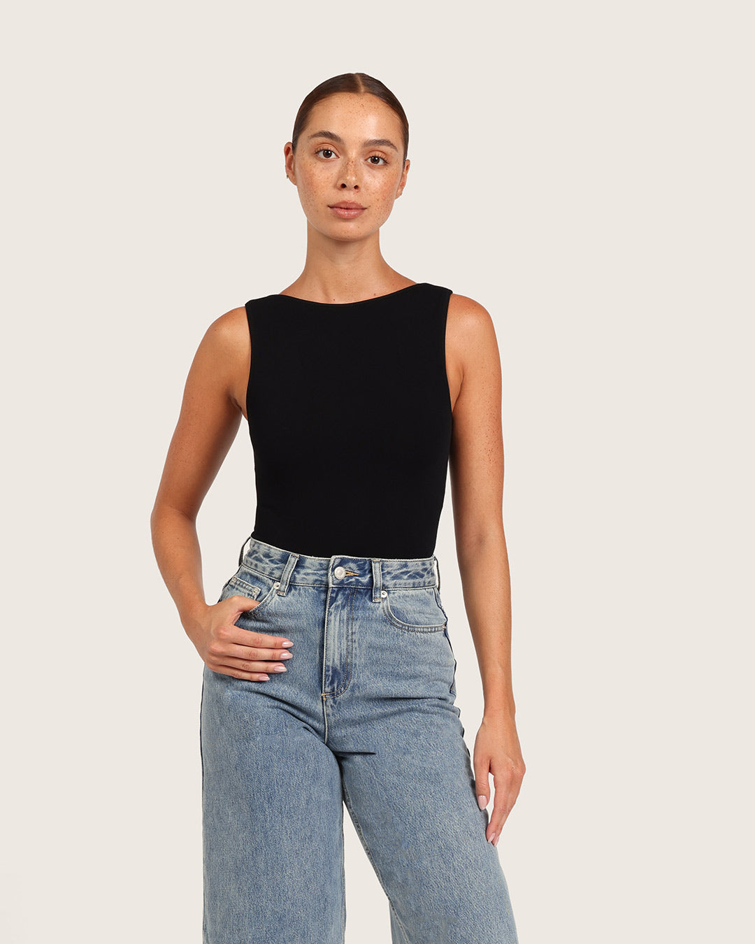Body de canalé con escote barco - Negro