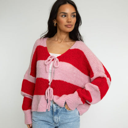 Striped V-Neck Bow Cardigan