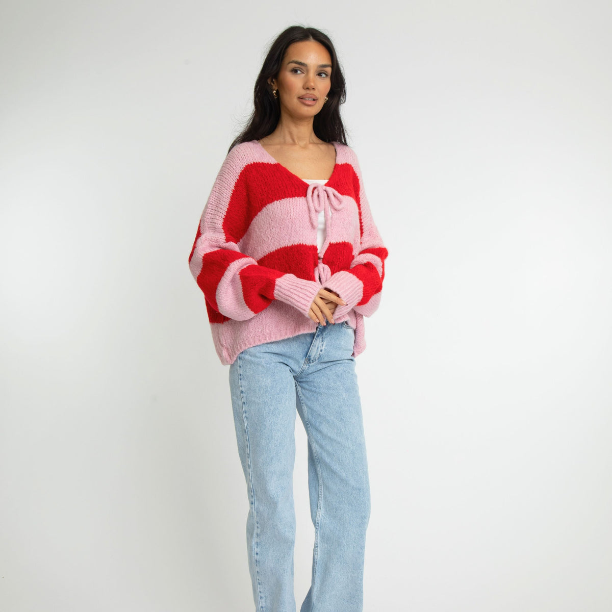 Striped V-Neck Bow Cardigan