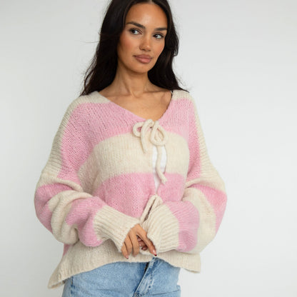 Striped V-Neck Bow Cardigan