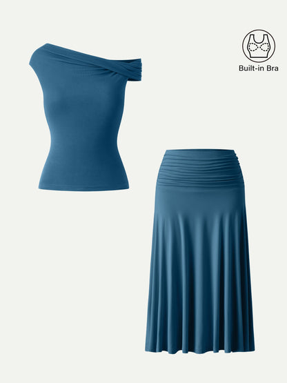 Conjunto de 2 piezas: top tipo sujetador multiposición y falda midi de línea A con fruncido lateral