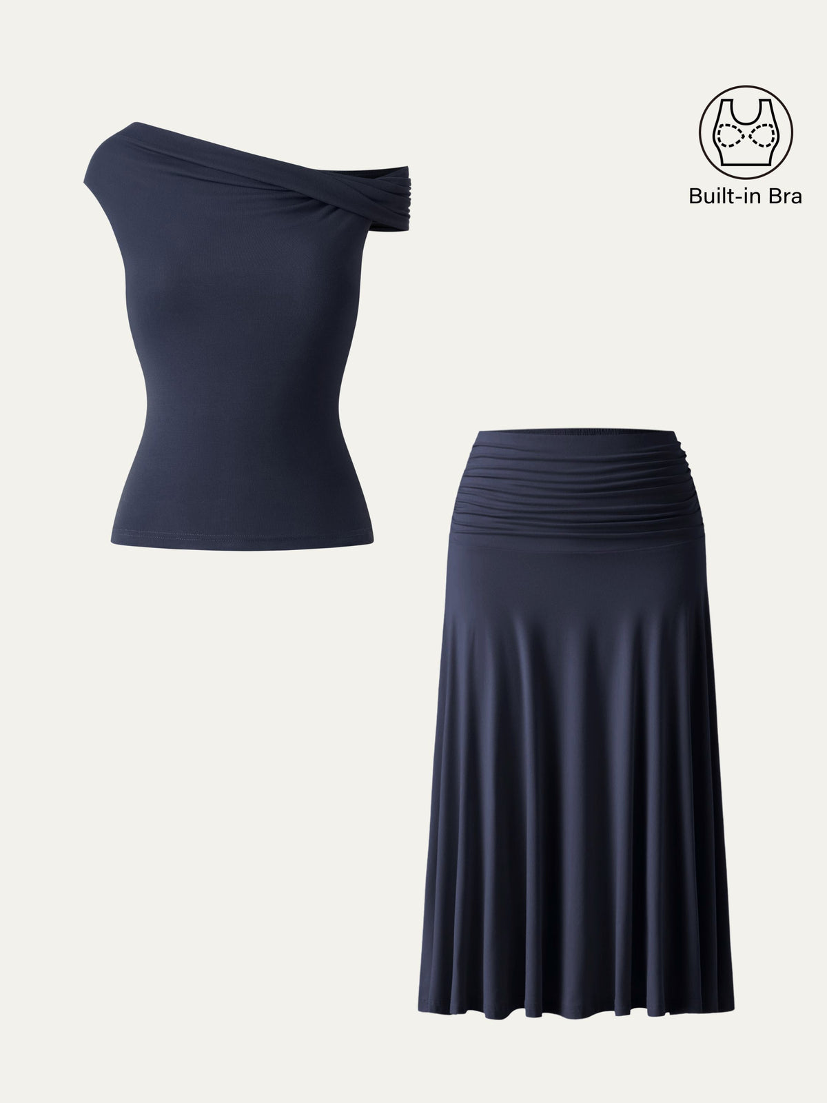 Conjunto de 2 piezas: top tipo sujetador multiposición y falda midi de línea A con fruncido lateral