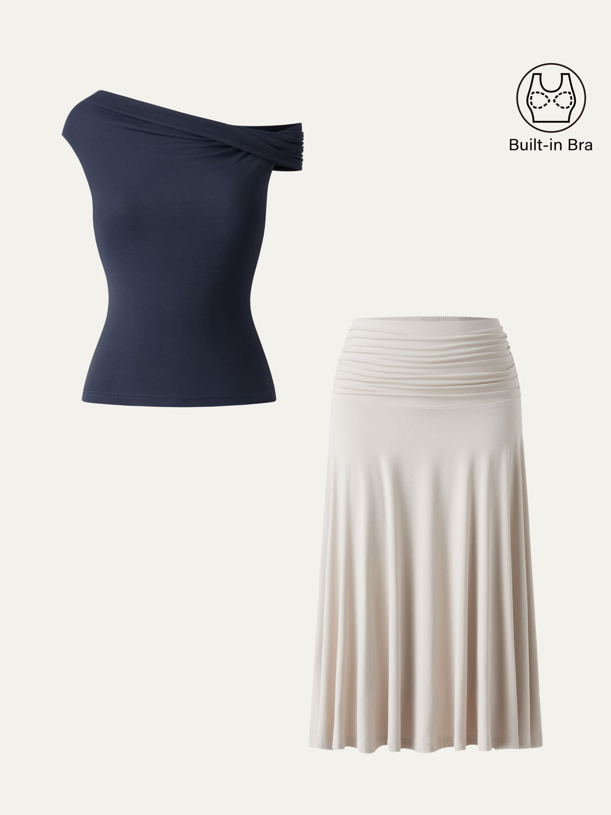 Conjunto de 2 piezas: top tipo sujetador multiposición y falda midi de línea A con fruncido lateral