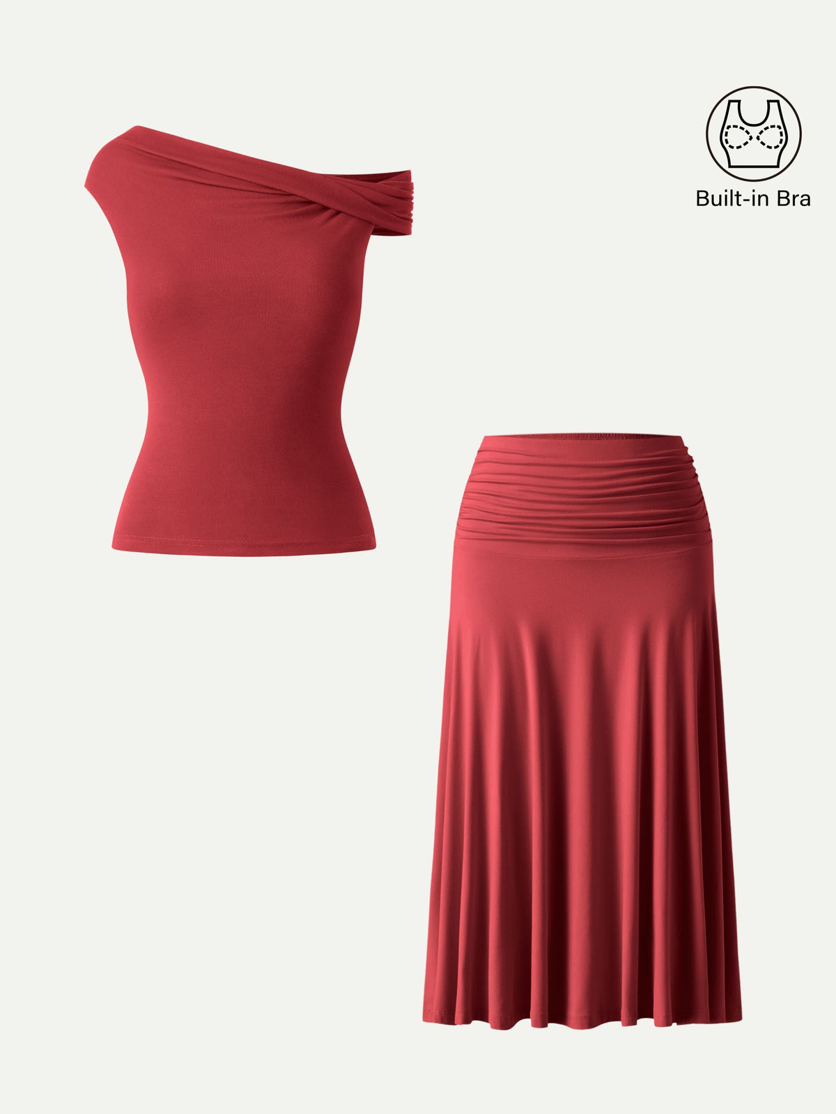 Conjunto de 2 piezas: top tipo sujetador multiposición y falda midi de línea A con fruncido lateral