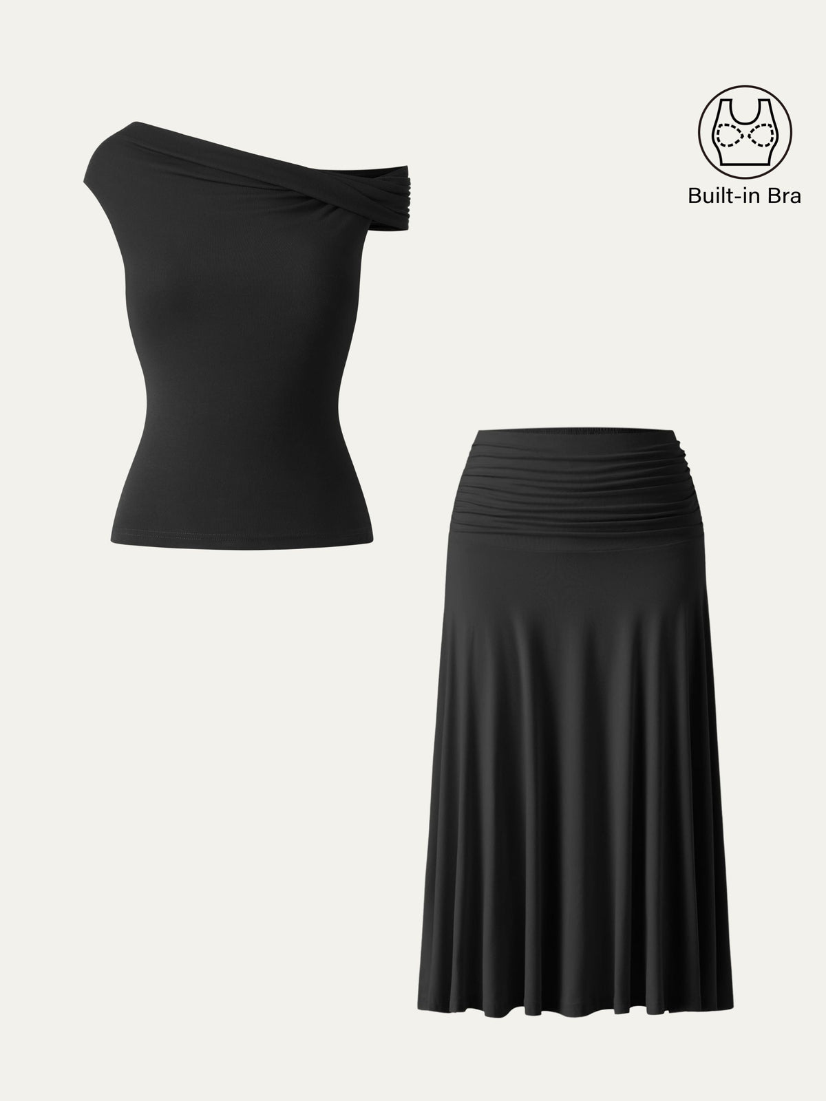 Conjunto de 2 piezas: top tipo sujetador multiposición y falda midi de línea A con fruncido lateral