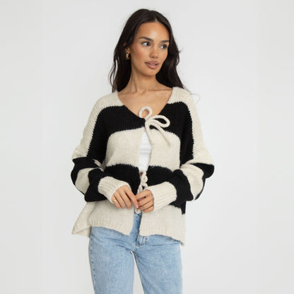 Striped V-Neck Bow Cardigan