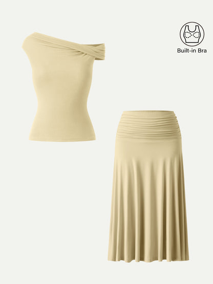 Conjunto de 2 piezas: top tipo sujetador multiposición y falda midi de línea A con fruncido lateral