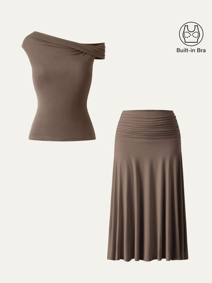 Conjunto de 2 piezas: top tipo sujetador multiposición y falda midi de línea A con fruncido lateral