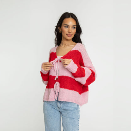 Striped V-Neck Bow Cardigan
