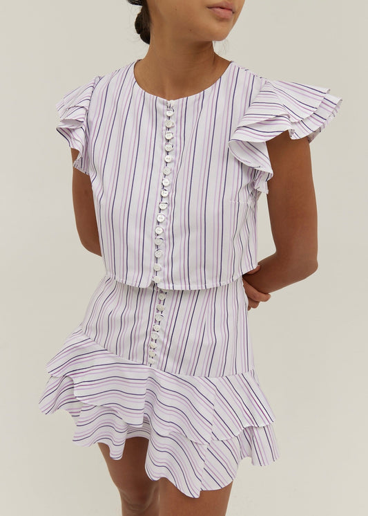 Top Liza de rayas con mangas de volantes | Blanco/Lila
