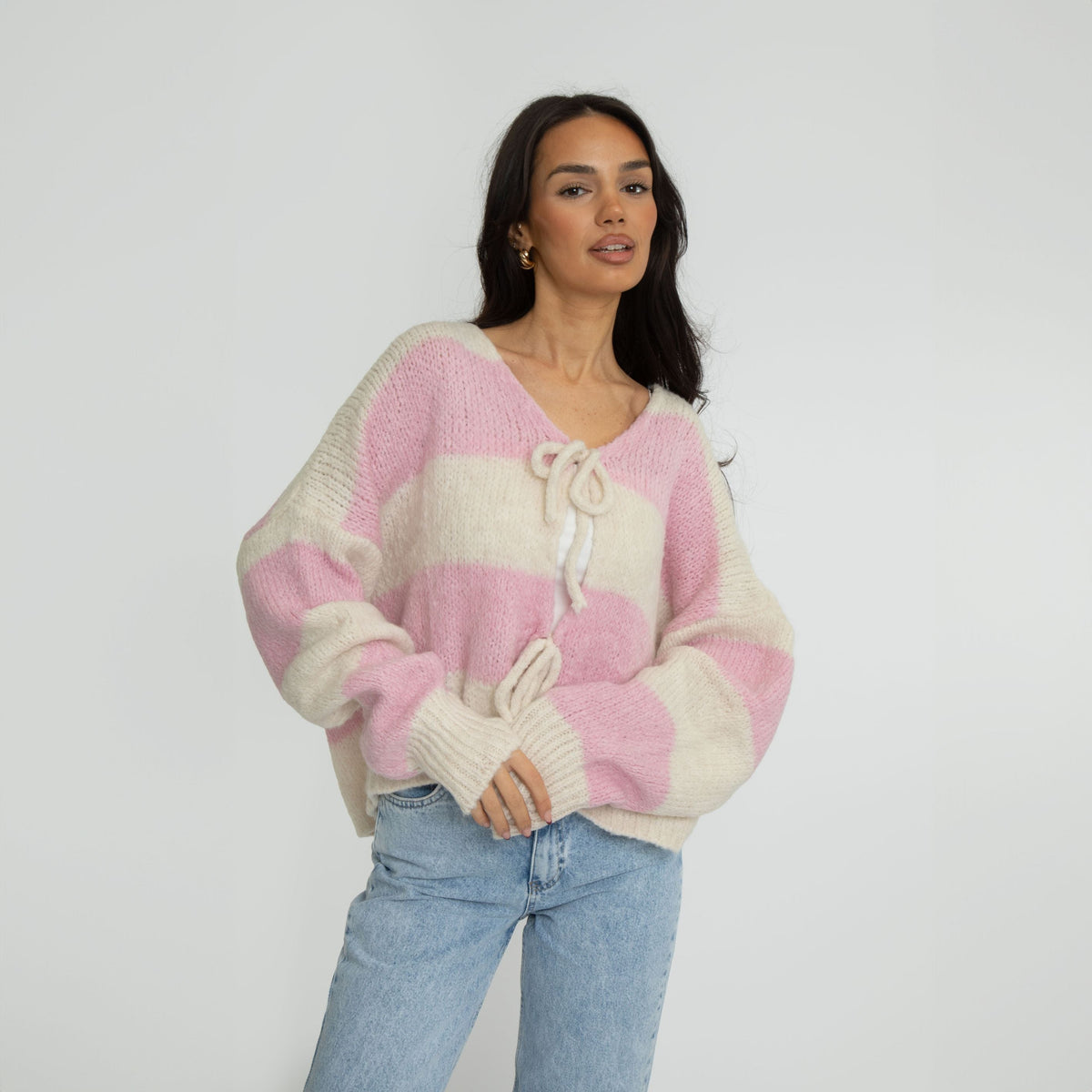 Striped V-Neck Bow Cardigan
