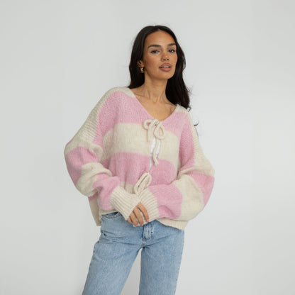 Striped V-Neck Bow Cardigan