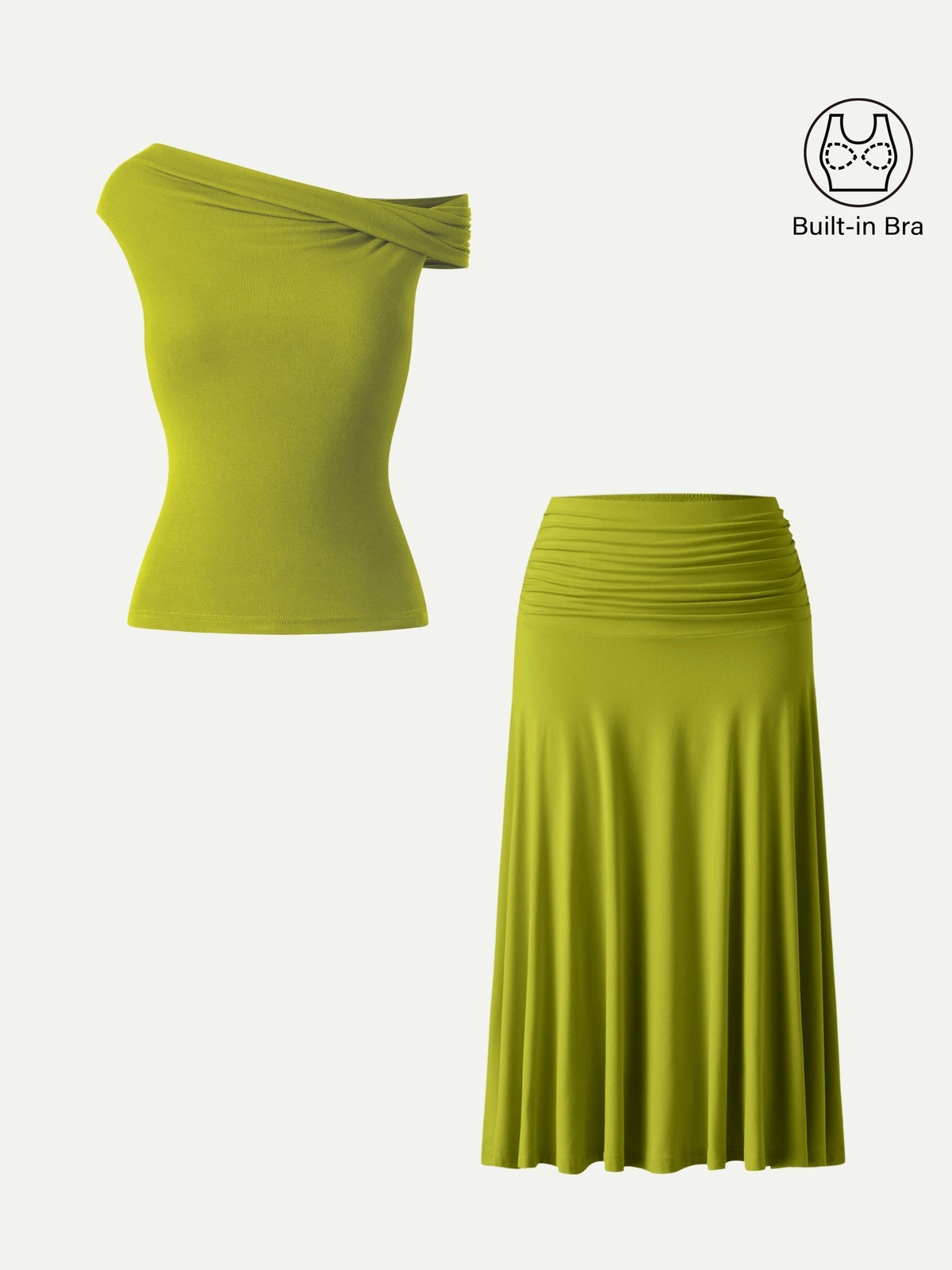 Conjunto de 2 piezas: top tipo sujetador multiposición y falda midi de línea A con fruncido lateral