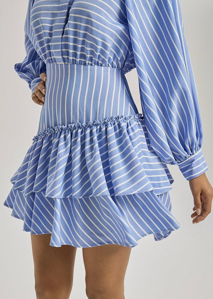 Vestido de día de rayas y volantes Alyson | Azul/Blanco