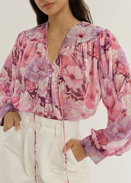 Blusa floral Chantal con lazo en el cuello | Rosa