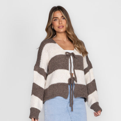 Striped V-Neck Bow Cardigan