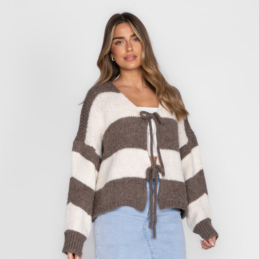 Striped V-Neck Bow Cardigan