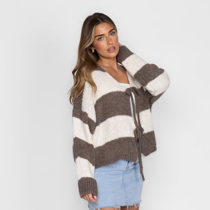 Striped V-Neck Bow Cardigan
