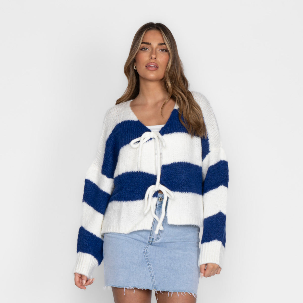Striped V-Neck Bow Cardigan