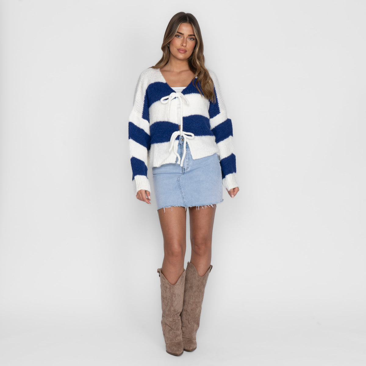 Striped V-Neck Bow Cardigan