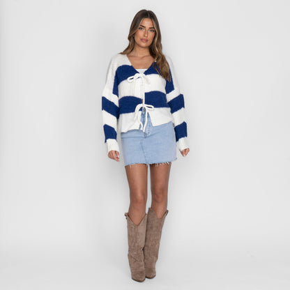 Striped V-Neck Bow Cardigan