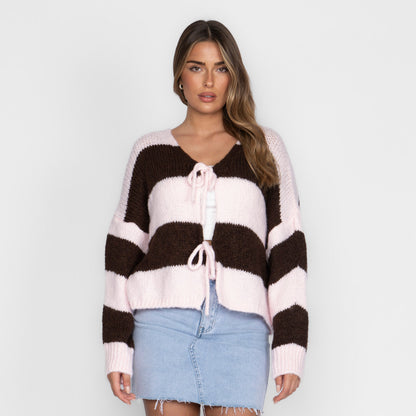 Striped V-Neck Bow Cardigan