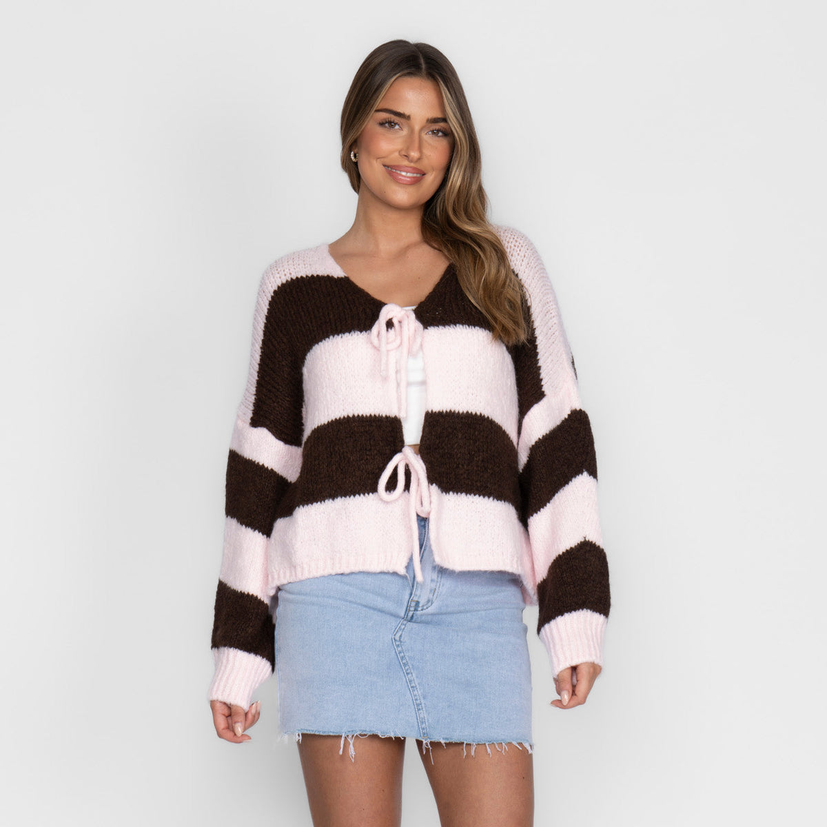 Striped V-Neck Bow Cardigan