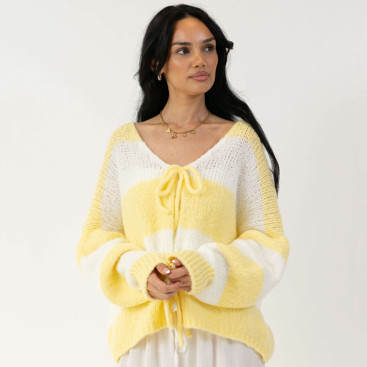 Striped V-Neck Bow Cardigan