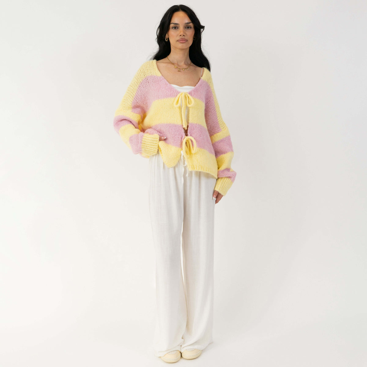 Striped V-Neck Bow Cardigan