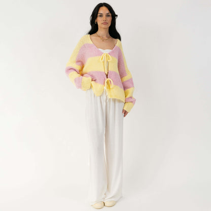 Striped V-Neck Bow Cardigan