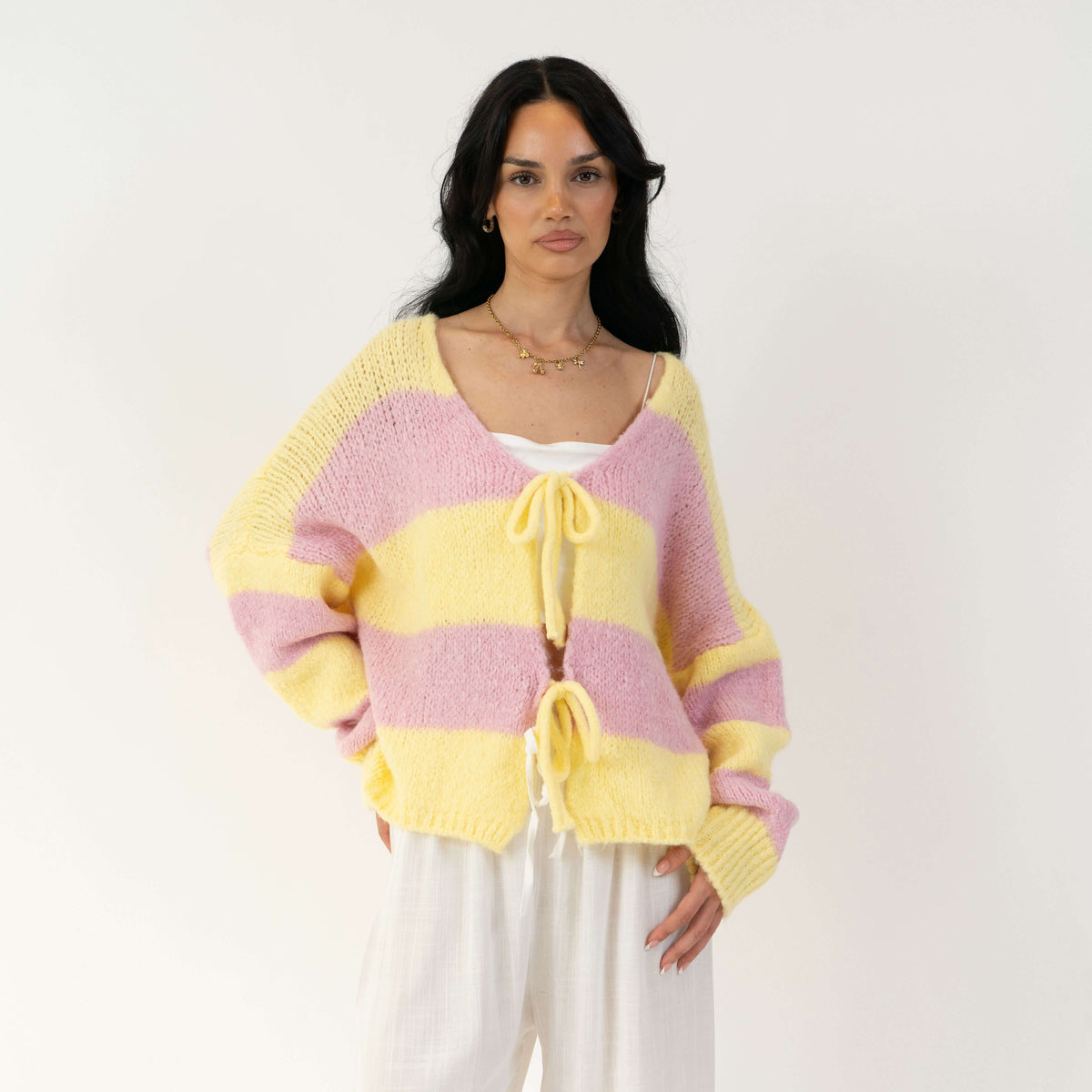 Striped V-Neck Bow Cardigan