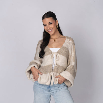 Striped V-Neck Bow Cardigan