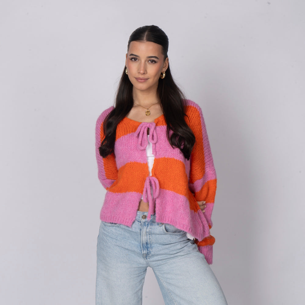 Striped V-Neck Bow Cardigan