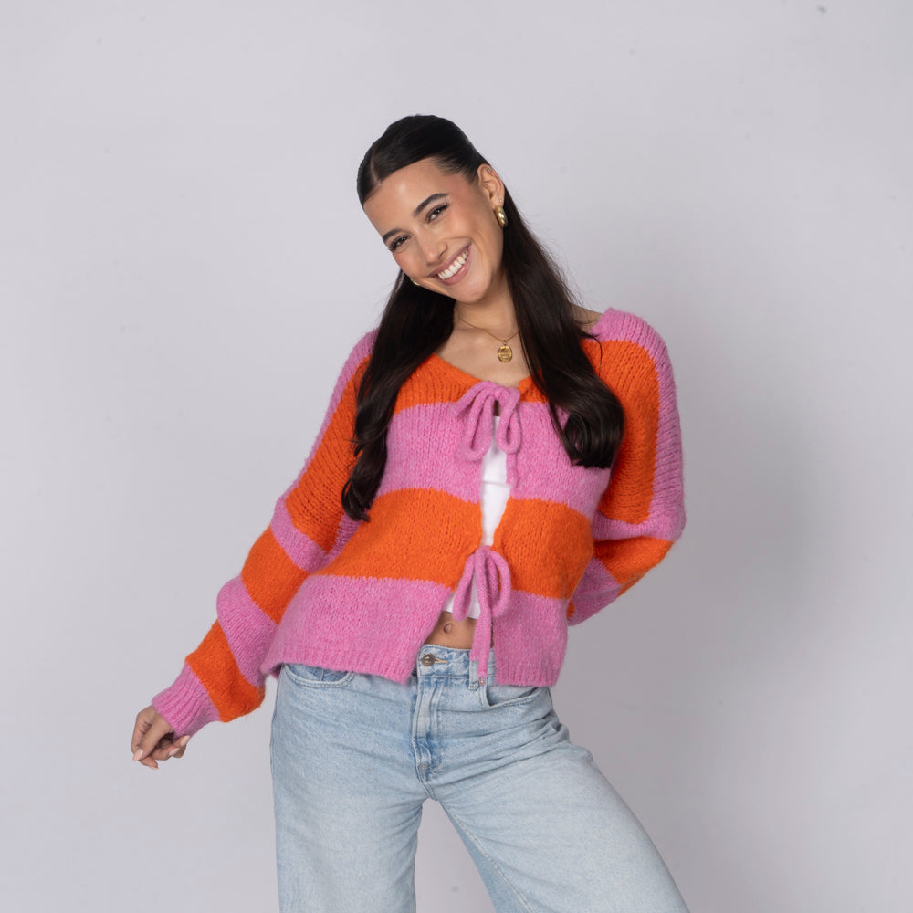 Striped V-Neck Bow Cardigan