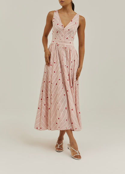 Vestido de día a rayas con bordado Antalia | Rojo/Blanco