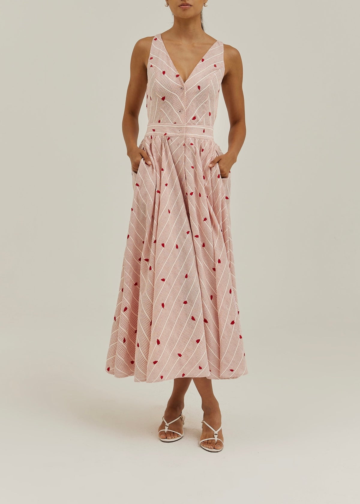 Vestido de día a rayas con bordado Antalia | Rojo/Blanco