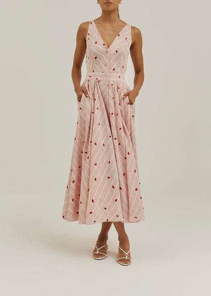 Vestido de día a rayas con bordado Antalia | Rojo/Blanco