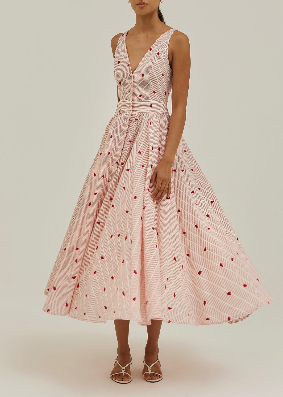 Vestido de día a rayas con bordado Antalia | Rojo/Blanco