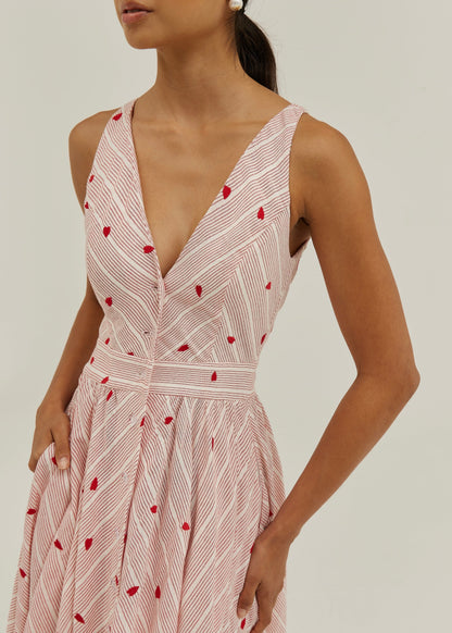 Vestido de día a rayas con bordado Antalia | Rojo/Blanco