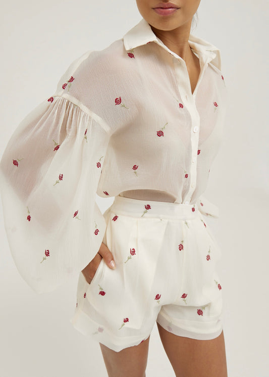 Camisa Calista de manga voluminosa | Crema/Rojo