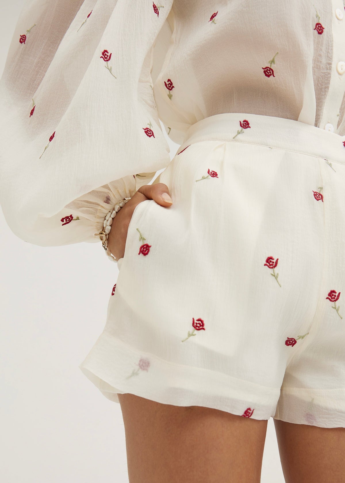 Camisa Calista de manga voluminosa | Crema/Rojo