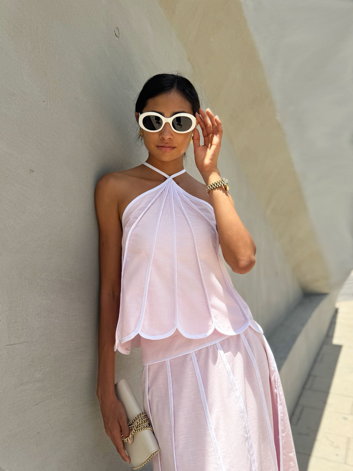 Top halter Avina Resort | Rosa pastel caramelo/Blanco