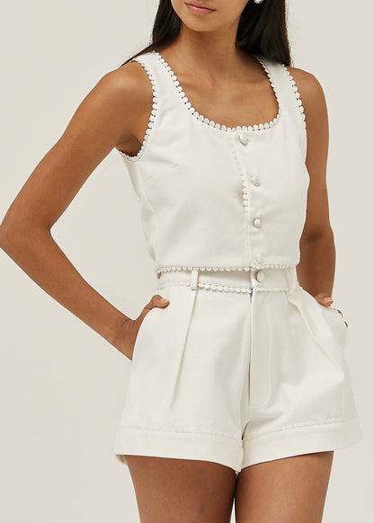 Top de denim Shola con ribete de encaje | Blanco