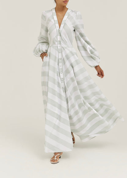 Vestido de resort de rayas suaves Aliaa | Verde menta/Blanco
