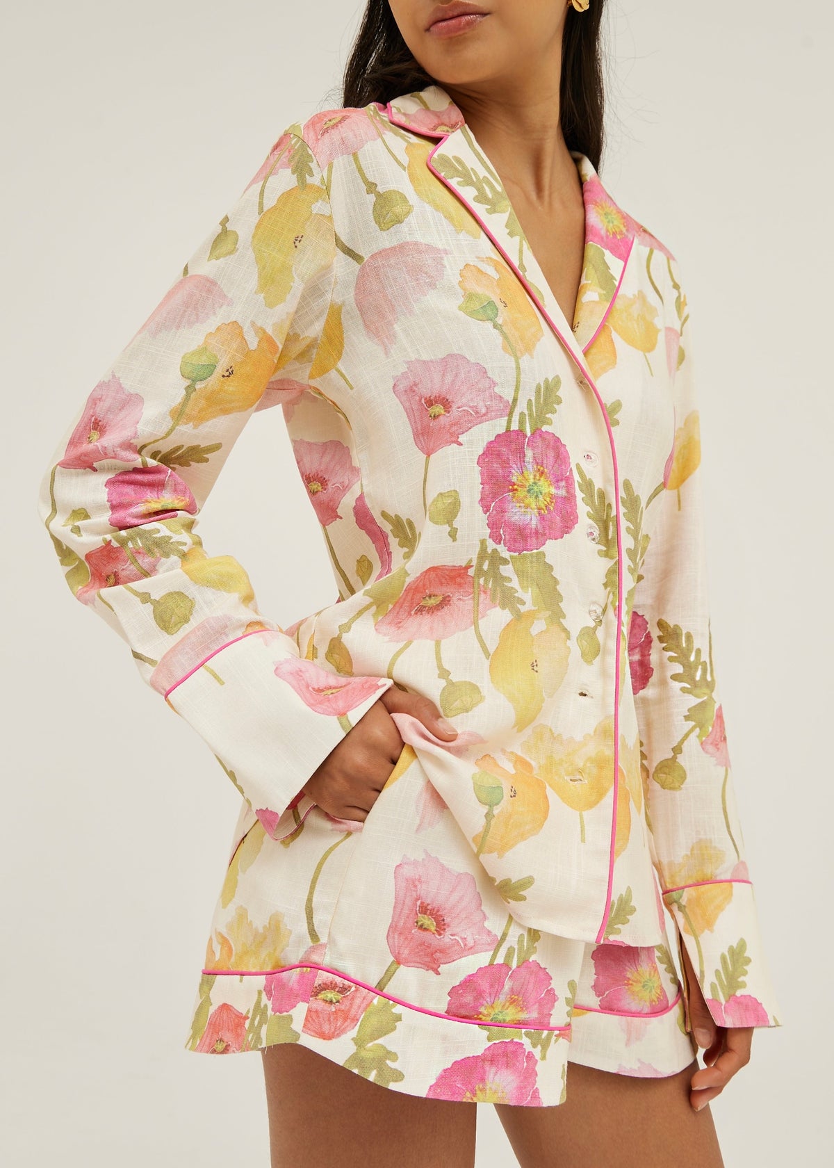Camisa Krista de lino con estampado floral | Blanco/Rosa