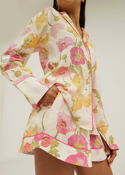Camisa Krista de lino con estampado floral | Blanco/Rosa