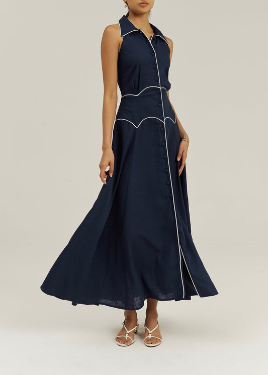 Vestido icónico de contraste Kalila | Azul marino/Blanco