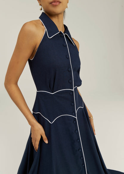 Vestido icónico de contraste Kalila | Azul marino/Blanco