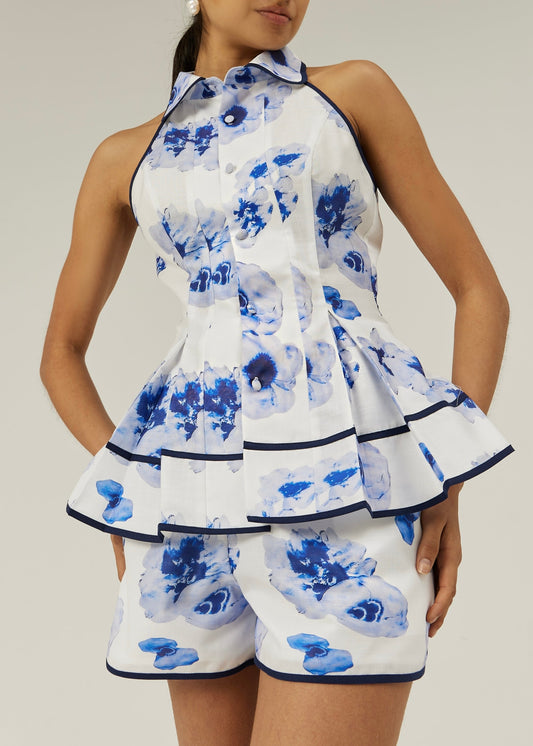 Blusa floral entallada y acampanada Tahlia | Blanco/Azul